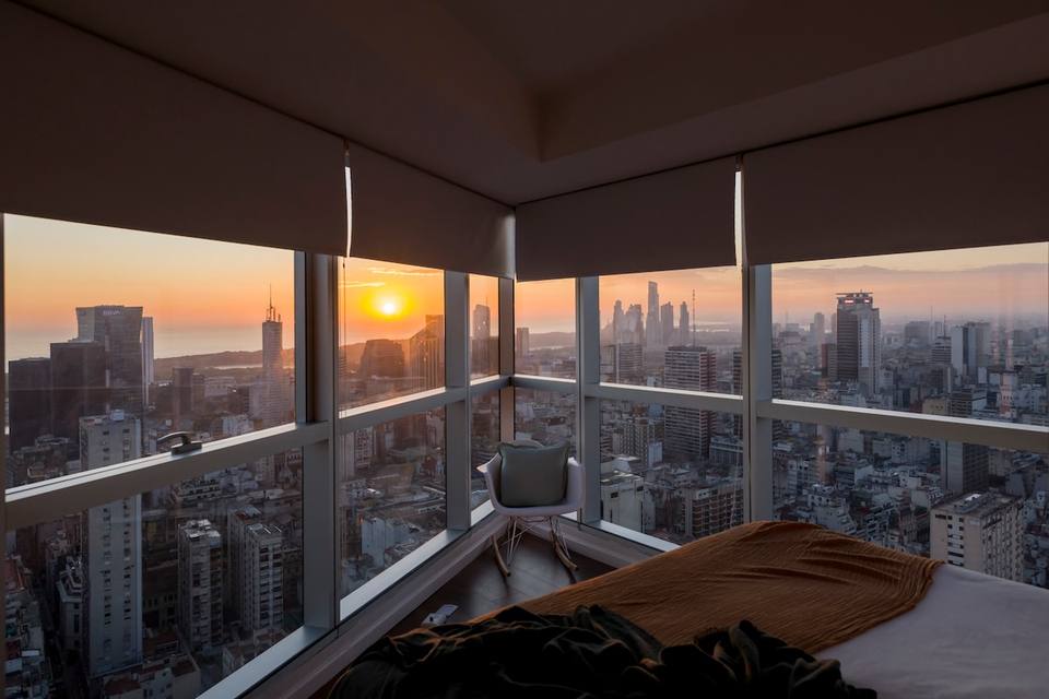 Vista panorámica al amanecer desde el dormitorio