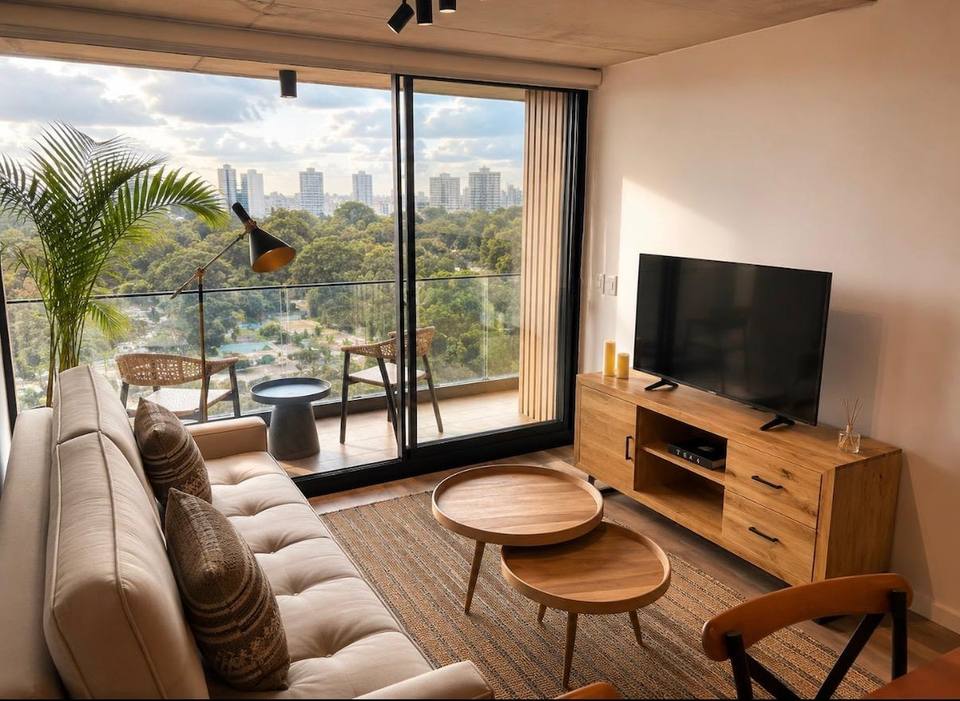 Living moderno con ventanales de piso a techo