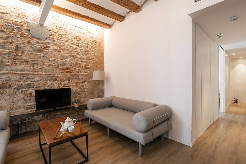 Lounge area with Smart TV and historic details
