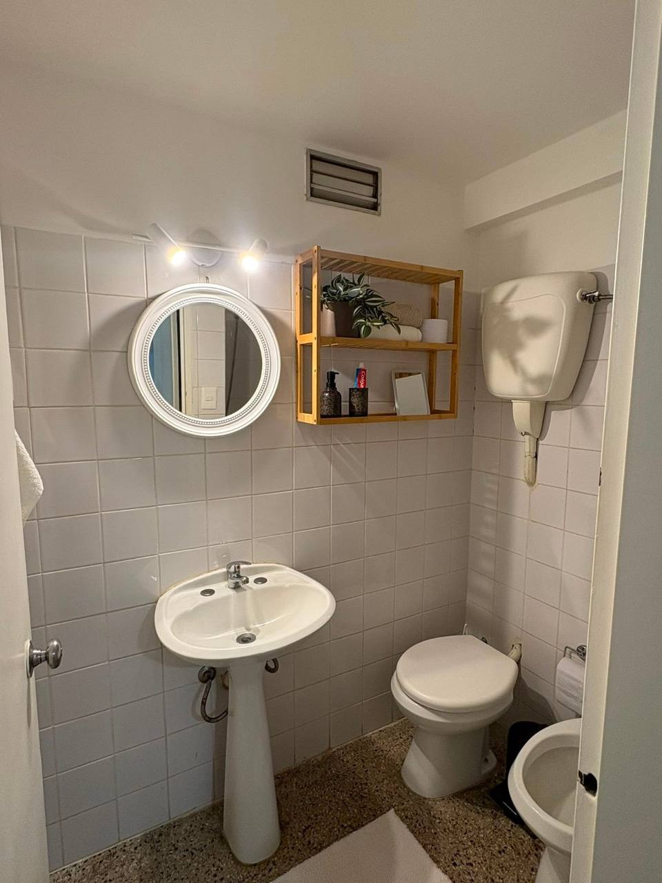 Baño con inodoro, lavabo y estante de madera