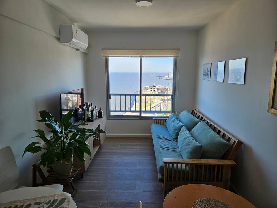 Living con sillón, tele y vista al río de la Dinero
