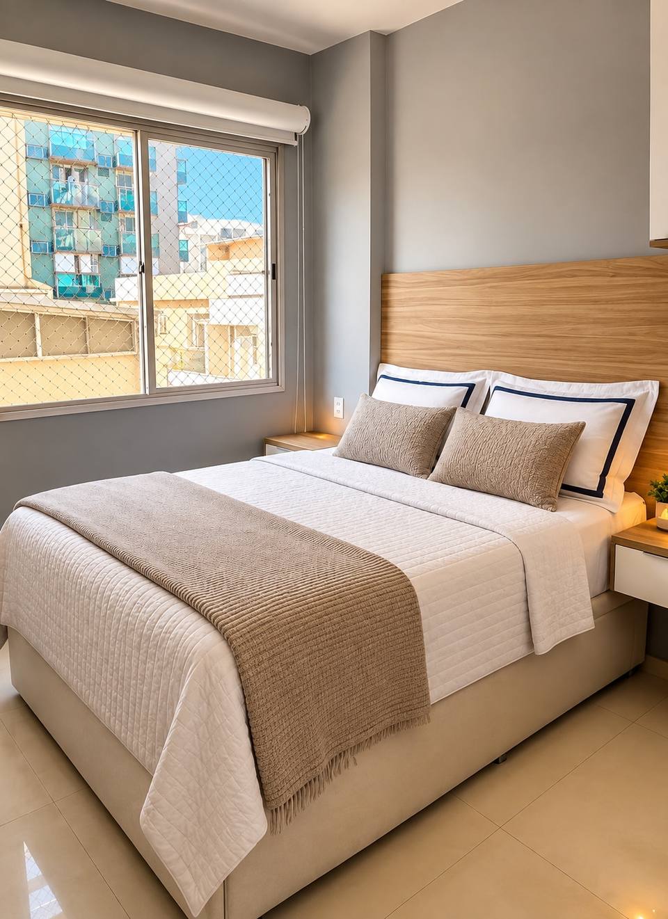 Dormitorio principal con cama queen y escritorio